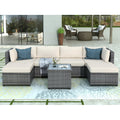 7 Piece Patio Furniture Set with 6 Rattan Wicker Chairs, Coffee Table and 2 Pillows, Outdoor Conversation Set with Beige Cushions for Backyard, Porch, Garden, Poolside, LLL4246
