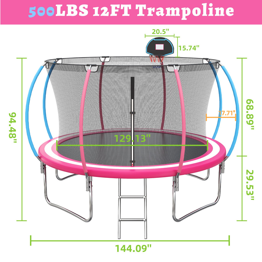 12ft Trampoline for Kids with Basketball Hoop, Outdoor Trampoline with Safety Enclosure Ladder, Back Yard Trampoline for Kids and Adults