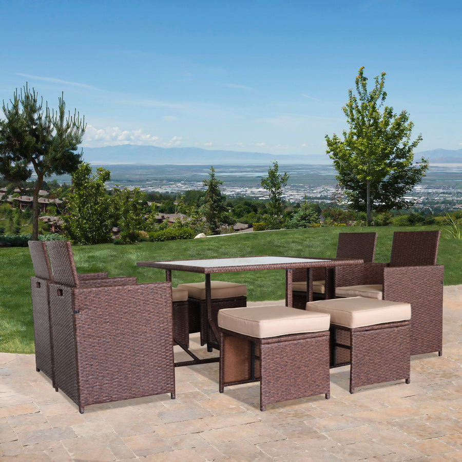 Patio Dining Set Clearance, 7 Piece Patio Furniture Sets with 6 PE Wicker Chairs, Glass Dining Table, All-Weather Outdoor Patio Dining Conversation Set with Cushions for Backyard, Lawn, Garden, Pool, L