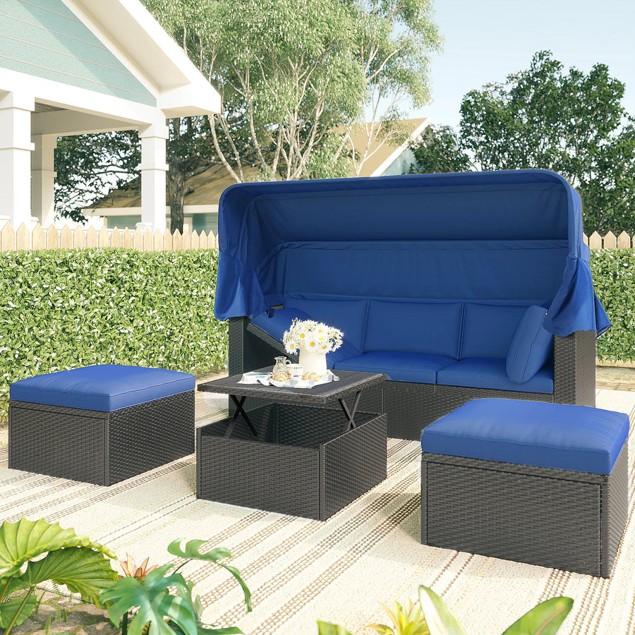 PE Rattan Patio Daybed, Outdoor Daybed Patio Bed Furniture, Patio Sofa Set with Retractable Canopy, Cushions and Lifting Table, Patio Bed Furniture for Patio, Poolside, Garden, Yard