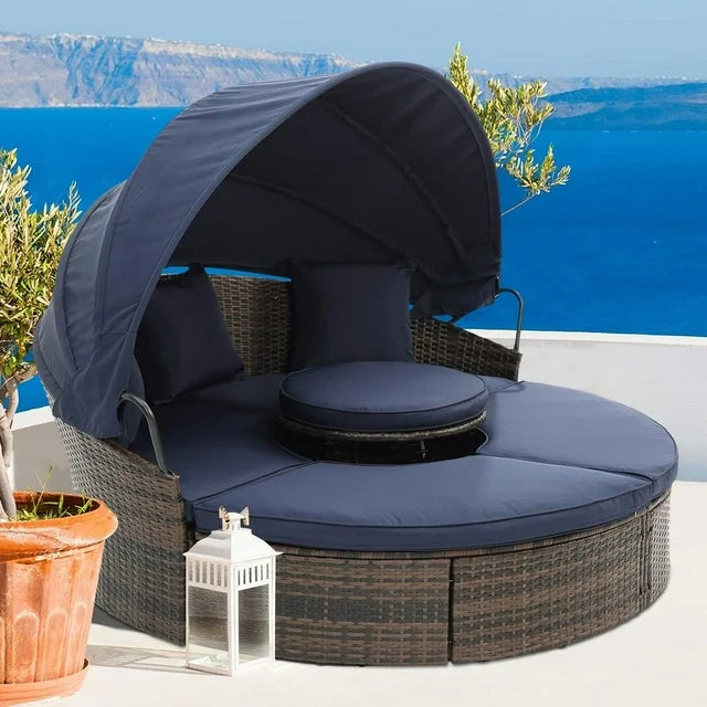 Patio Daybed, Outdoor Wicker Furniture Set with Four-Sided Canopy and Overhead Curtains, Outdoor Sofa Set w/Adjustable Seat for Patio Deck Poolside Garden Backyard