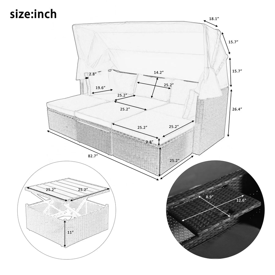 PE Rattan Patio Daybed, Outdoor Daybed Patio Bed Furniture, Patio Sofa Set with Retractable Canopy, Cushions and Lifting Table, Patio Bed Furniture for Patio, Poolside, Garden, Yard