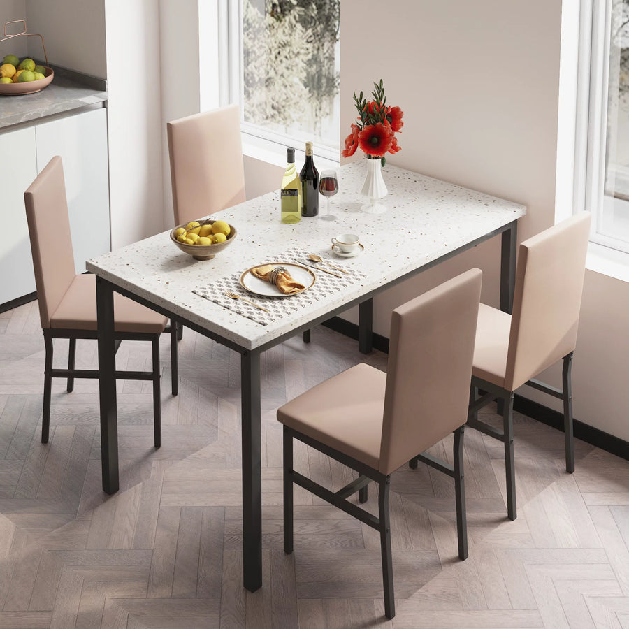 5 Piece Kitchen Dining Table and Chair Set, Dining Room Table Set with Faux Marble Table PU Leather Padded Chairs, Rectangle Dining Table Set for 4, Dinette Set for Kitchen Dining Room Small Space