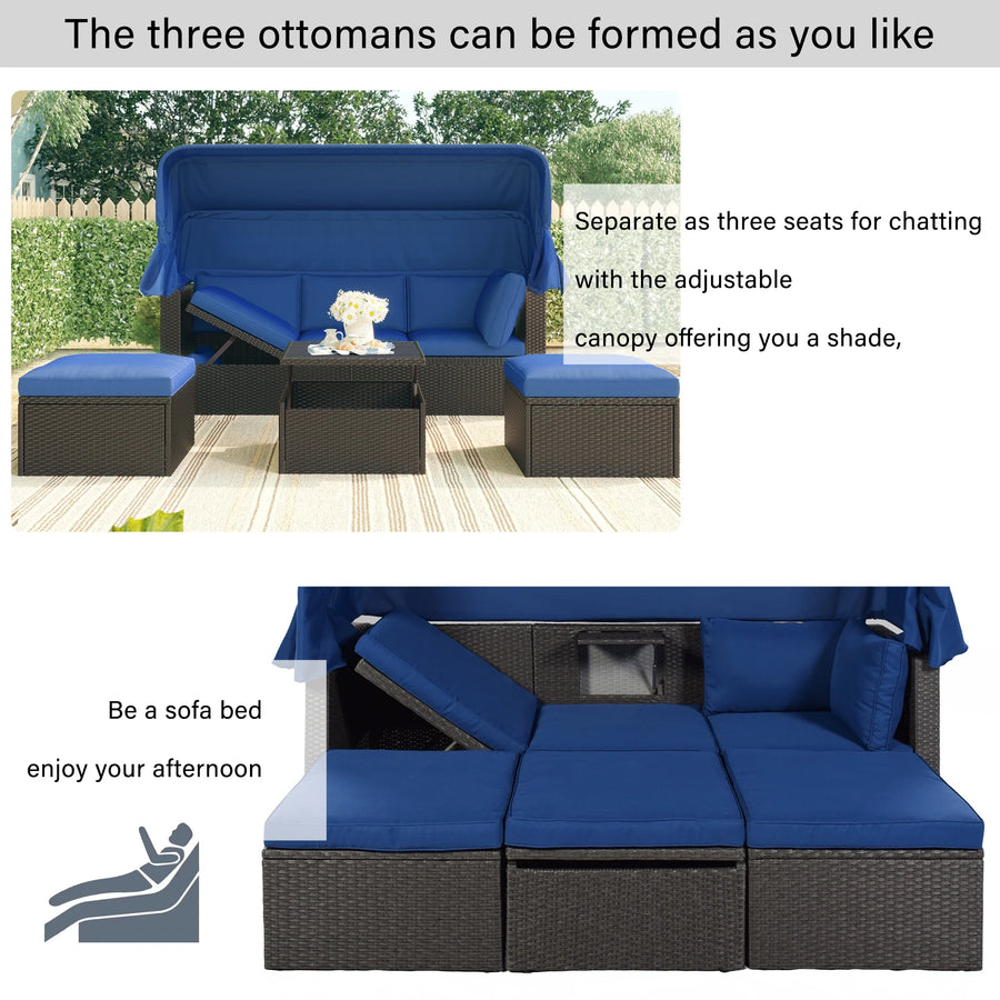PE Rattan Patio Daybed, Outdoor Daybed Patio Bed Furniture, Patio Sofa Set with Retractable Canopy, Cushions and Lifting Table, Patio Bed Furniture for Patio, Poolside, Garden, Yard