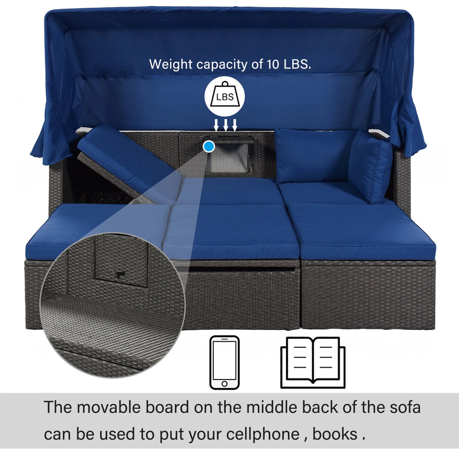 PE Rattan Patio Daybed, Outdoor Daybed Patio Bed Furniture, Patio Sofa Set with Retractable Canopy, Cushions and Lifting Table, Patio Bed Furniture for Patio, Poolside, Garden, Yard