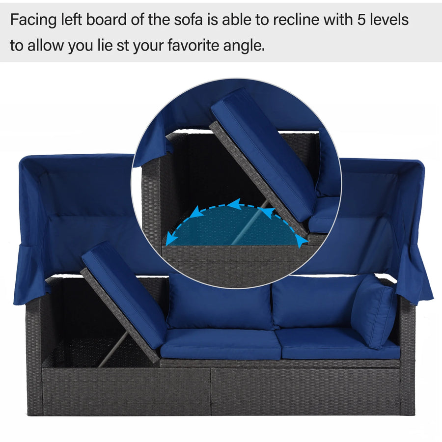 PE Rattan Patio Daybed, Outdoor Daybed Patio Bed Furniture, Patio Sofa Set with Retractable Canopy, Cushions and Lifting Table, Patio Bed Furniture for Patio, Poolside, Garden, Yard
