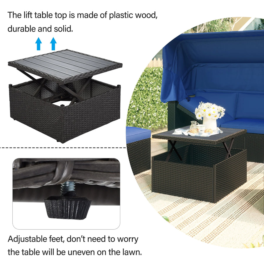 PE Rattan Patio Daybed, Outdoor Daybed Patio Bed Furniture, Patio Sofa Set with Retractable Canopy, Cushions and Lifting Table, Patio Bed Furniture for Patio, Poolside, Garden, Yard