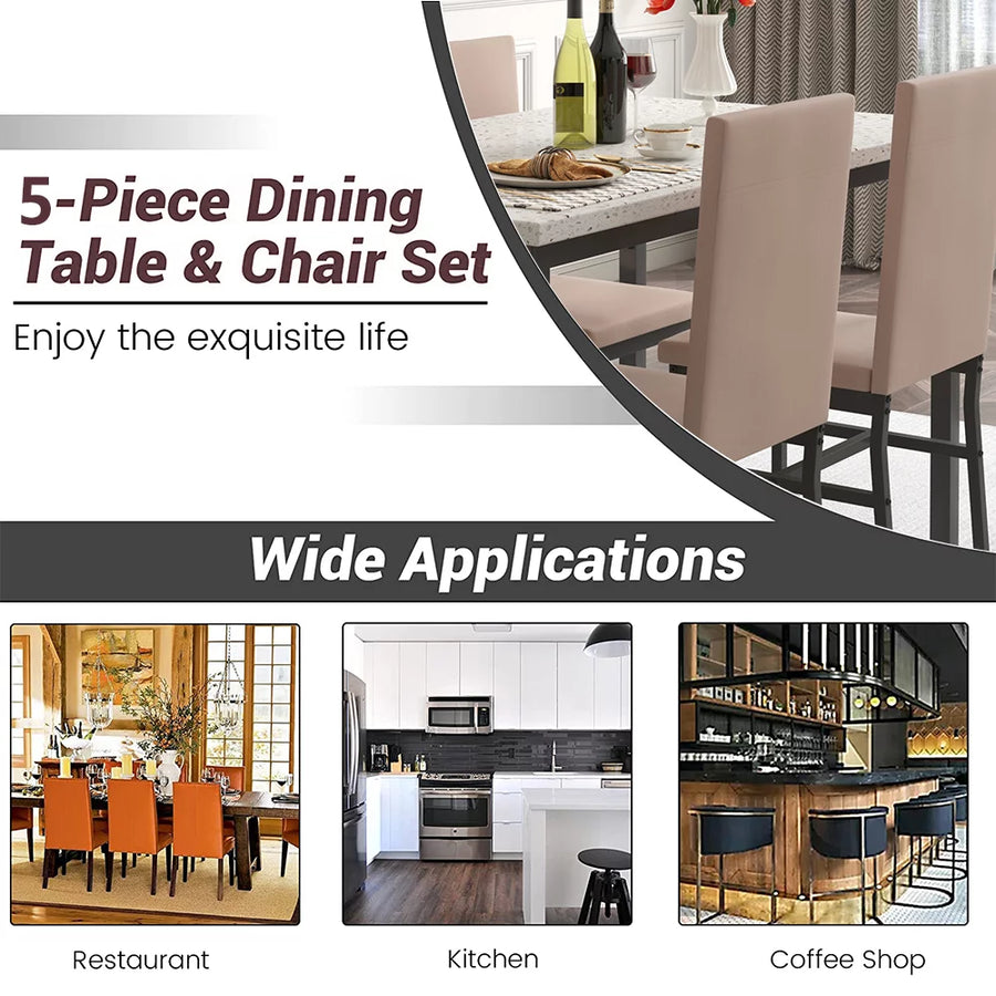 5 Piece Kitchen Dining Table and Chair Set, Dining Room Table Set with Faux Marble Table PU Leather Padded Chairs, Rectangle Dining Table Set for 4, Dinette Set for Kitchen Dining Room Small Space