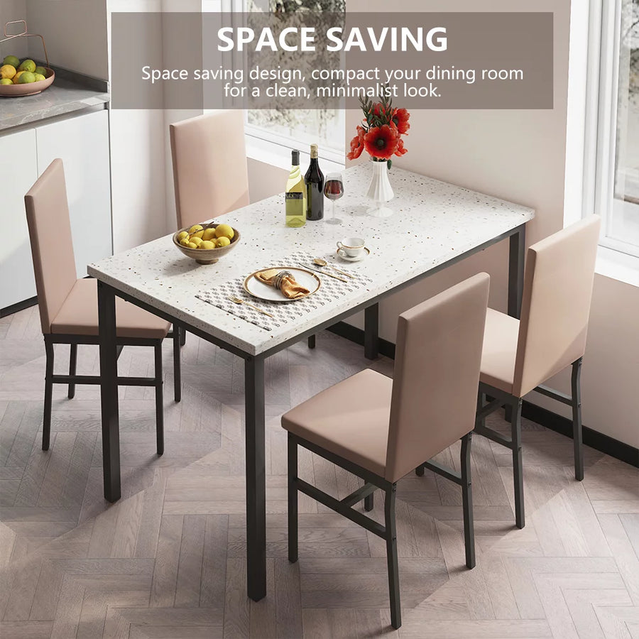 5 Piece Kitchen Dining Table and Chair Set, Dining Room Table Set with Faux Marble Table PU Leather Padded Chairs, Rectangle Dining Table Set for 4, Dinette Set for Kitchen Dining Room Small Space
