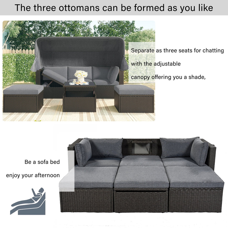 Patio Sectional Daybed, Outdoor Wicker Furniture Set with Retractable Canopy, Sectional Sofa Set w/Height Adjustable Table & Cushions for Patio Deck Poolside Garden Backyard