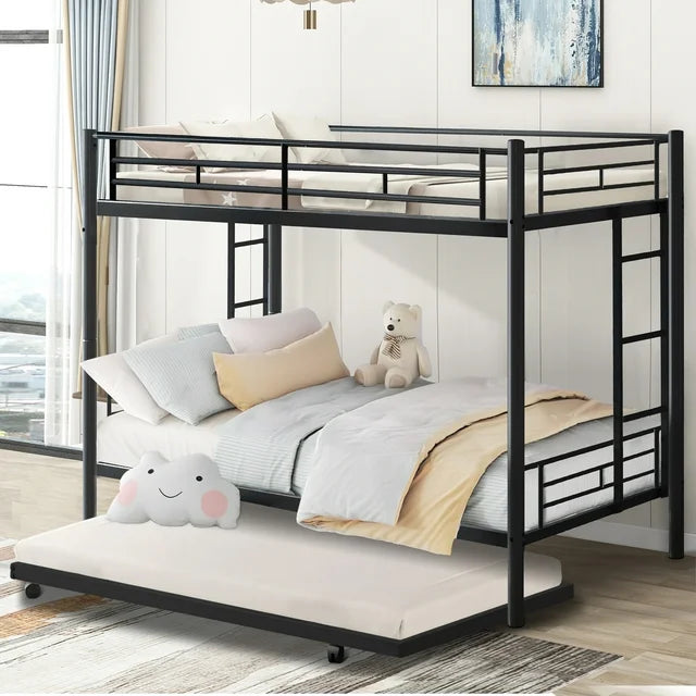 Twin Over Twin Bunk Bed with Trundle, Metal Twin Bed with Safety Guard Rail and Ladders, Space-Saving Design Sleeping Bedroom Bunk Bed for Boys, Girls, Kids, Young Teens and Adults, Easy Assembly, B20