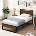 Twin Size Bed Frame with Modern Wooden Headboard, Heavy Duty Platform Metal Bed Frame with Square Frame Footboard, Metal Slats Support Mattress Foundation, Noise-Free, No Box Spring Needed