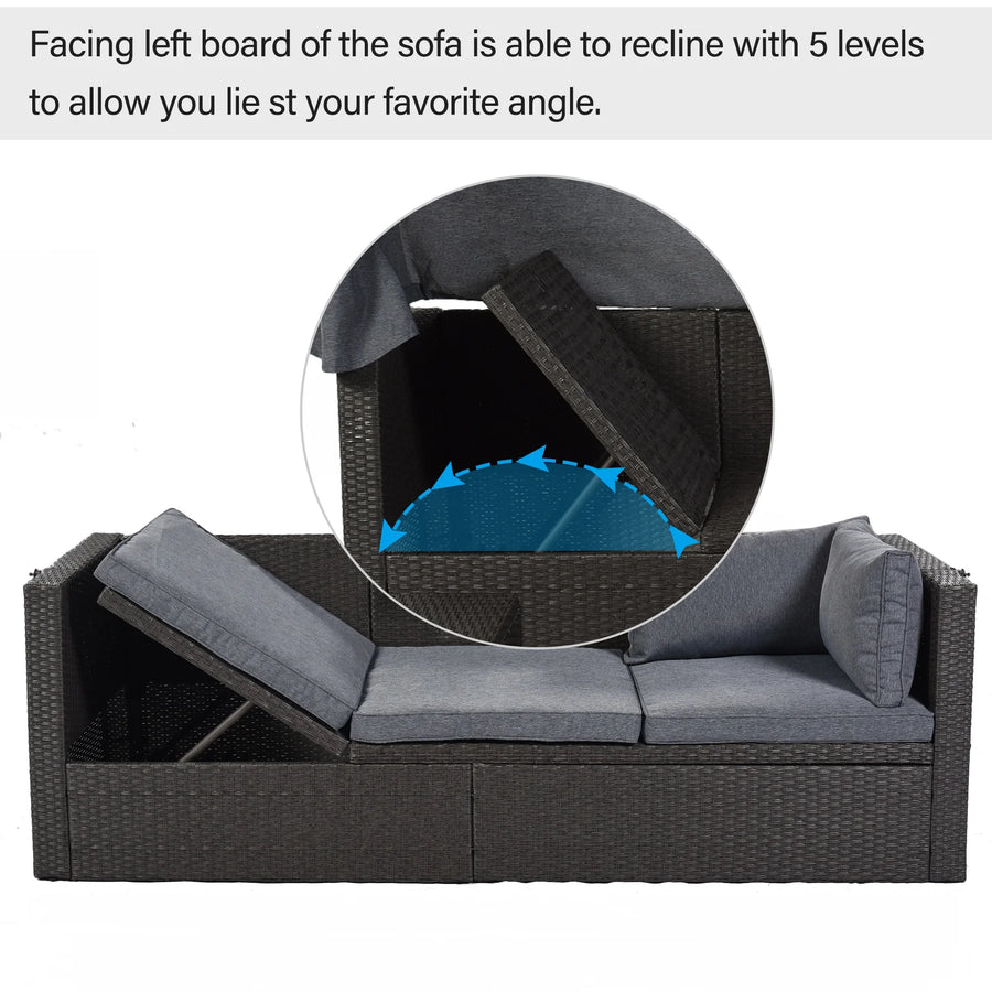 Patio Sectional Daybed, Outdoor Wicker Furniture Set with Retractable Canopy, Sectional Sofa Set w/Height Adjustable Table & Cushions for Patio Deck Poolside Garden Backyard