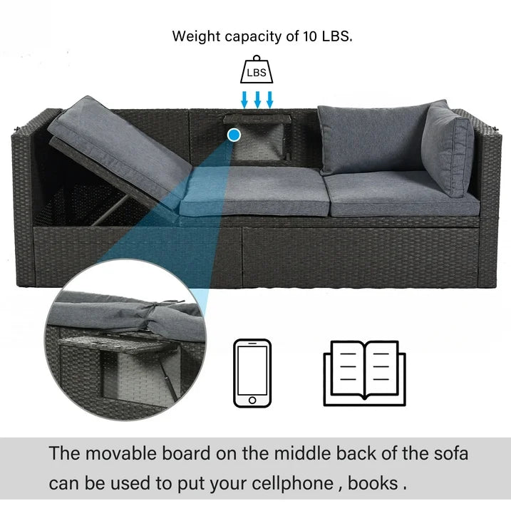 Patio Sectional Daybed, Outdoor Wicker Furniture Set with Retractable Canopy, Sectional Sofa Set w/Height Adjustable Table & Cushions for Patio Deck Poolside Garden Backyard