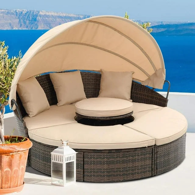 Patio Daybed, Outdoor Wicker Furniture Set with Four-Sided Canopy and Overhead Curtains, Outdoor Sofa Set w/Adjustable Seat for Patio Deck Poolside Garden Backyard
