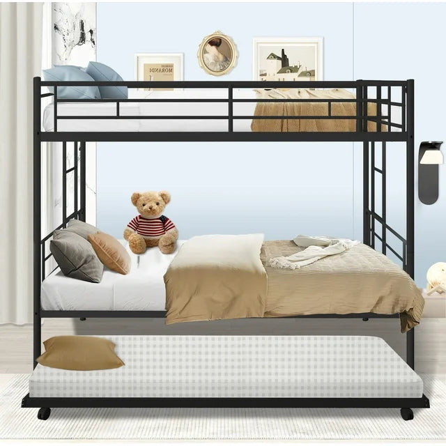 Twin Over Twin Bunk Bed with Trundle, Metal Twin Bed with Safety Guard Rail and Ladders, Space-Saving Design Sleeping Bedroom Bunk Bed for Boys, Girls, Kids, Young Teens and Adults, Easy Assembly, B20