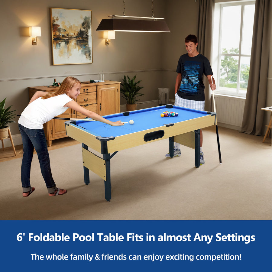 SEGMART 6 Ft Folding Pool Table, Multifunctional Billiard Table, Dining Table, Indoor Game Table, All Accessories Included, Beige with Blue Felt