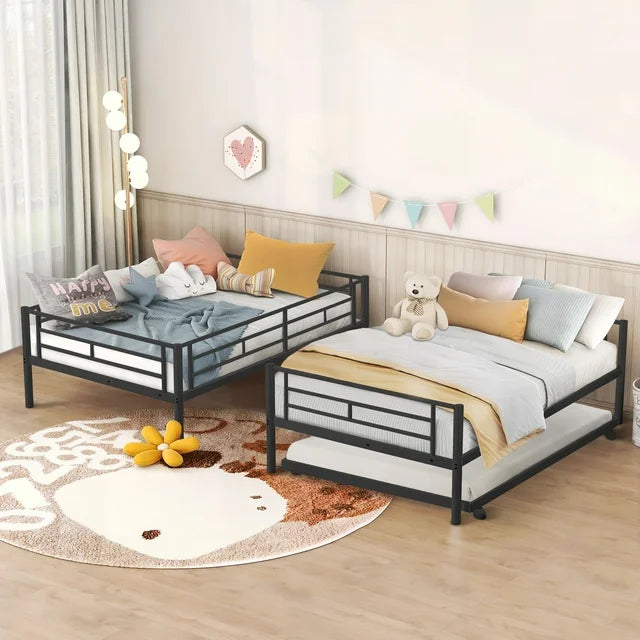 Twin Over Twin Bunk Bed with Trundle, Metal Twin Bed with Safety Guard Rail and Ladders, Space-Saving Design Sleeping Bedroom Bunk Bed for Boys, Girls, Kids, Young Teens and Adults, Easy Assembly, B20