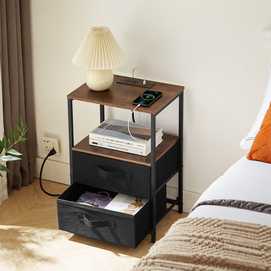 End Table with Charging Station & USB Ports, Side Table with 2 Drawers & Open Storage Shelf, Sofa Couch Table with Outlets, Narrow Nightstand Bedside Table for Living Room Bedroom, Rustic Brown