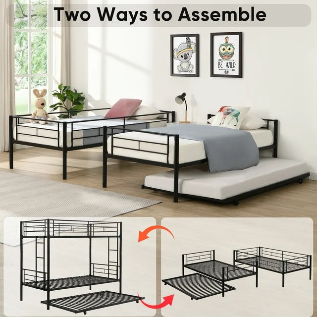 Twin Over Twin Bunk Bed with Trundle, Metal Twin Bed with Safety Guard Rail and Ladders, Space-Saving Design Sleeping Bedroom Bunk Bed for Boys, Girls, Kids, Young Teens and Adults, Easy Assembly, B20