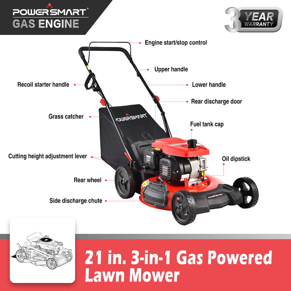 Gas Lawn Mowers 3 in 1 Gas Powered Push Lawn Mower for Lawn 21 Inch SEGMART