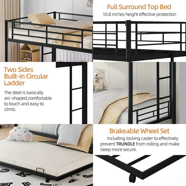 Twin Over Twin Bunk Bed with Trundle, Metal Twin Bed with Safety Guard Rail and Ladders, Space-Saving Design Sleeping Bedroom Bunk Bed for Boys, Girls, Kids, Young Teens and Adults, Easy Assembly, B20