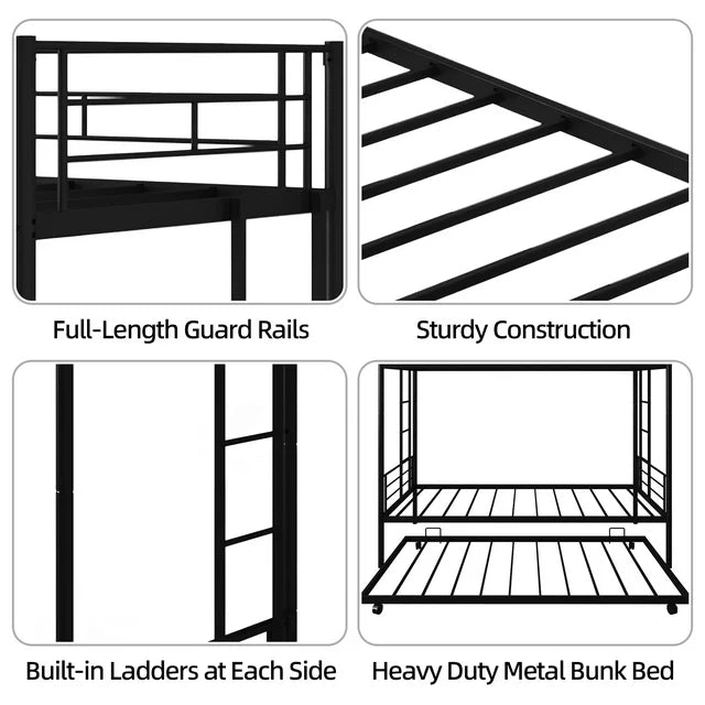Twin Over Twin Bunk Bed with Trundle, Metal Twin Bed with Safety Guard Rail and Ladders, Space-Saving Design Sleeping Bedroom Bunk Bed for Boys, Girls, Kids, Young Teens and Adults, Easy Assembly, B20