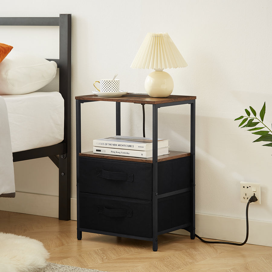 End Table with Charging Station & USB Ports, Side Table with 2 Drawers & Open Storage Shelf, Sofa Couch Table with Outlets, Narrow Nightstand Bedside Table for Living Room Bedroom, Rustic Brown