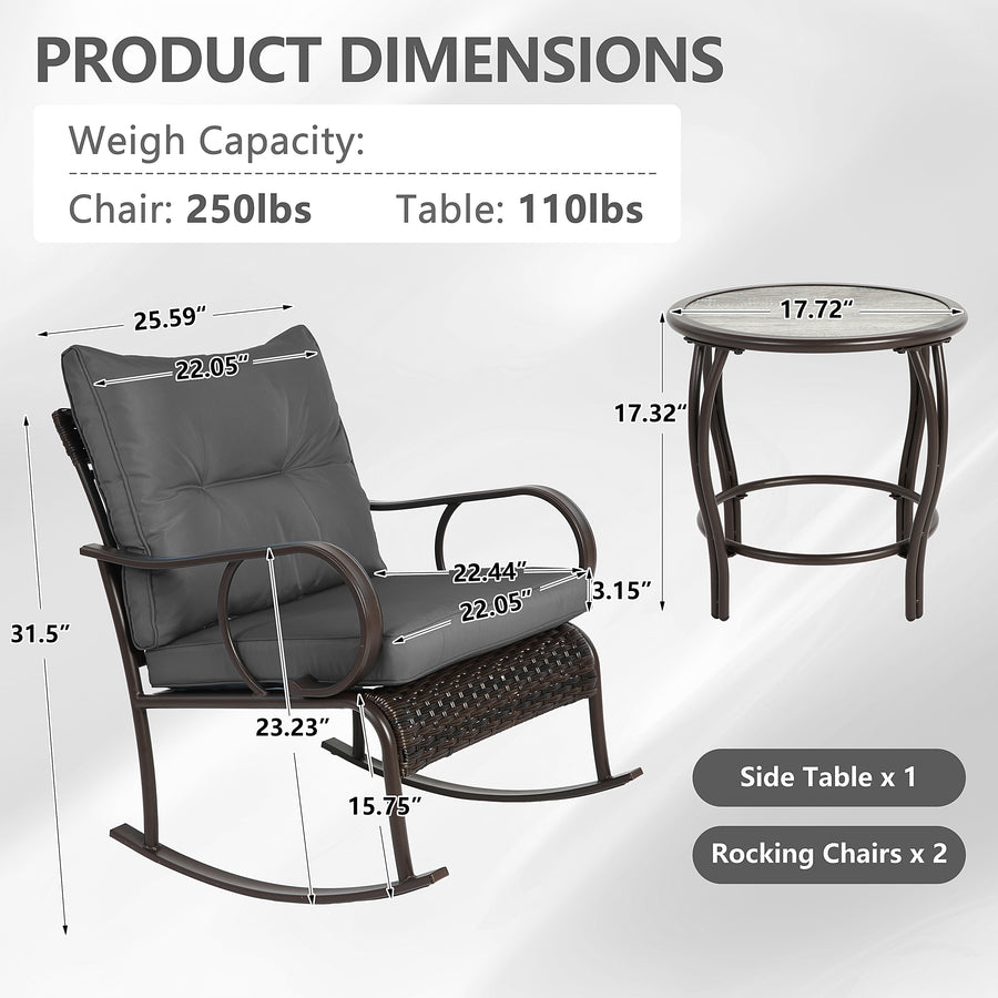 Clearance! 3 Piece Patio Rocking Bistro Set, PE Rattan Rocking Chairs Set of 2 and Glass Side Table, Outdoor Furniture Conversation Set with Cushion for Patio Lawn Garden Cafe Pub