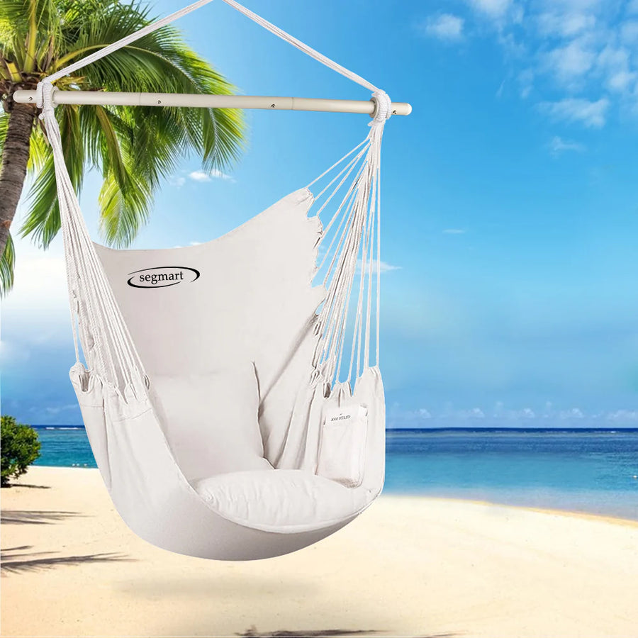 Large Hammock Chair Swing, Relax Hanging Rope Swing Chair with Detachable Metal Support Bar & Two Seat Cushions, Cotton Hammock Chair Swing Seat for Yard Bedroom Patio Porch Indoor Outdoor, B02