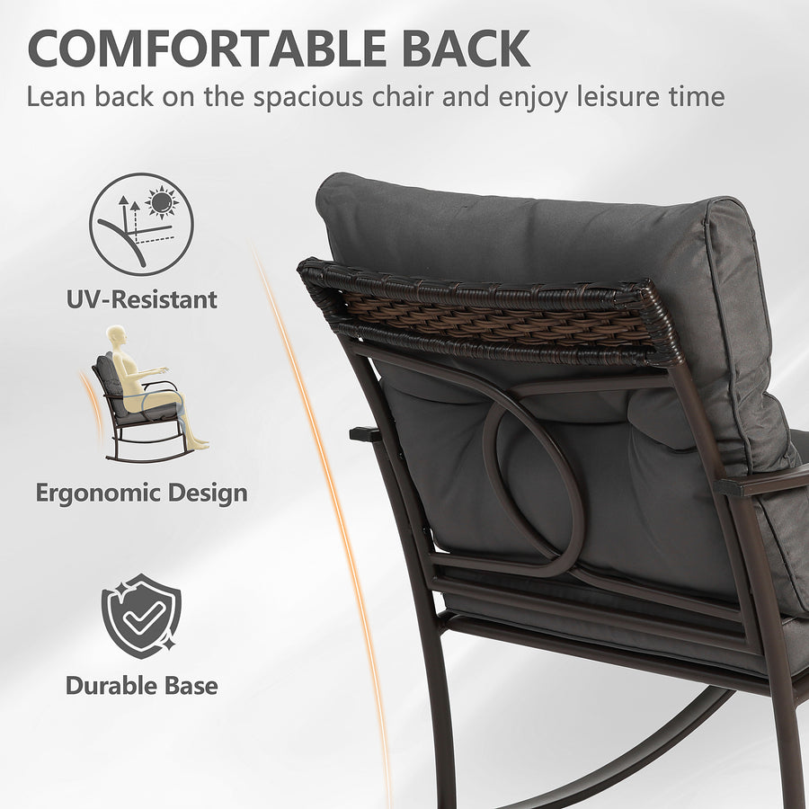 Clearance! 3 Piece Patio Rocking Bistro Set, PE Rattan Rocking Chairs Set of 2 and Glass Side Table, Outdoor Furniture Conversation Set with Cushion for Patio Lawn Garden Cafe Pub