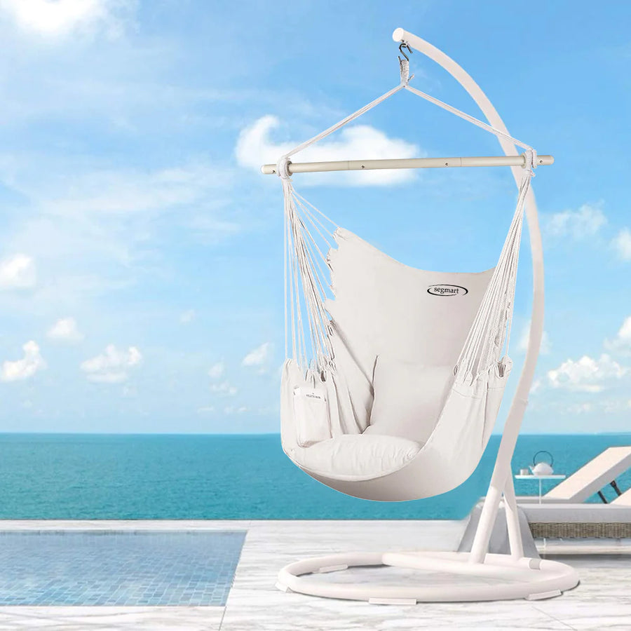 Large Hammock Chair Swing, Relax Hanging Rope Swing Chair with Detachable Metal Support Bar & Two Seat Cushions, Cotton Hammock Chair Swing Seat for Yard Bedroom Patio Porch Indoor Outdoor, B02