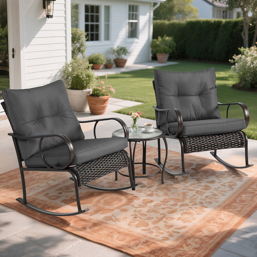Clearance! 3 Piece Patio Rocking Bistro Set, PE Rattan Rocking Chairs Set of 2 and Glass Side Table, Outdoor Furniture Conversation Set with Cushion for Patio Lawn Garden Cafe Pub