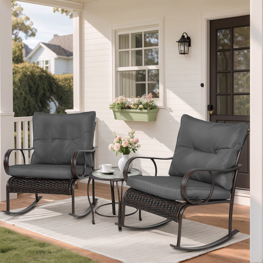 Clearance! 3 Piece Patio Rocking Bistro Set, PE Rattan Rocking Chairs Set of 2 and Glass Side Table, Outdoor Furniture Conversation Set with Cushion for Patio Lawn Garden Cafe Pub