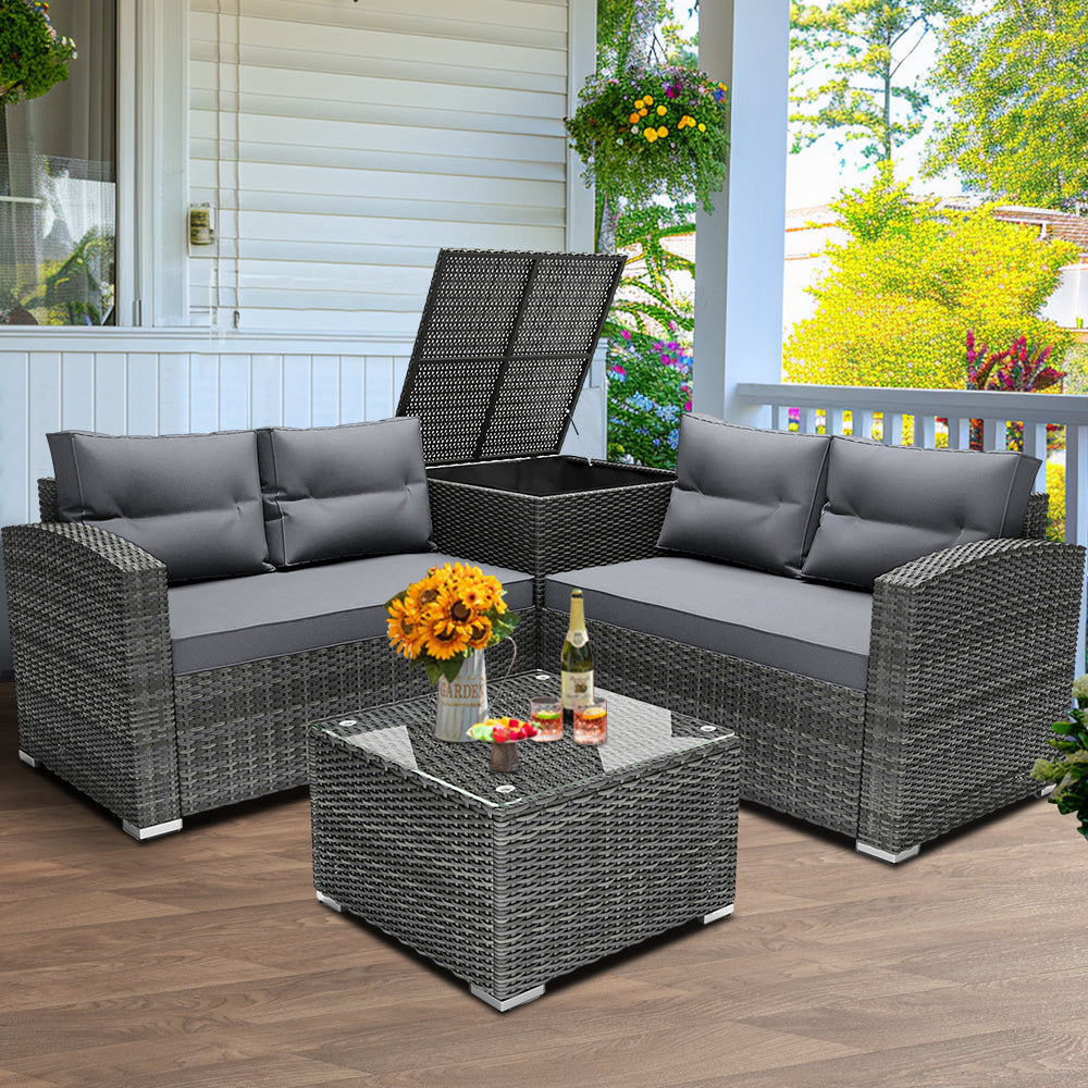 5 Seater Industrial Style Garden Furniture Set,All-Weather PE Rattan Wicker Garden Lounge Corner Sofa With Coffee Table & Storage Box,Outdoor Patio Conversation Set Mixed Grey With Dark Grey Cushions