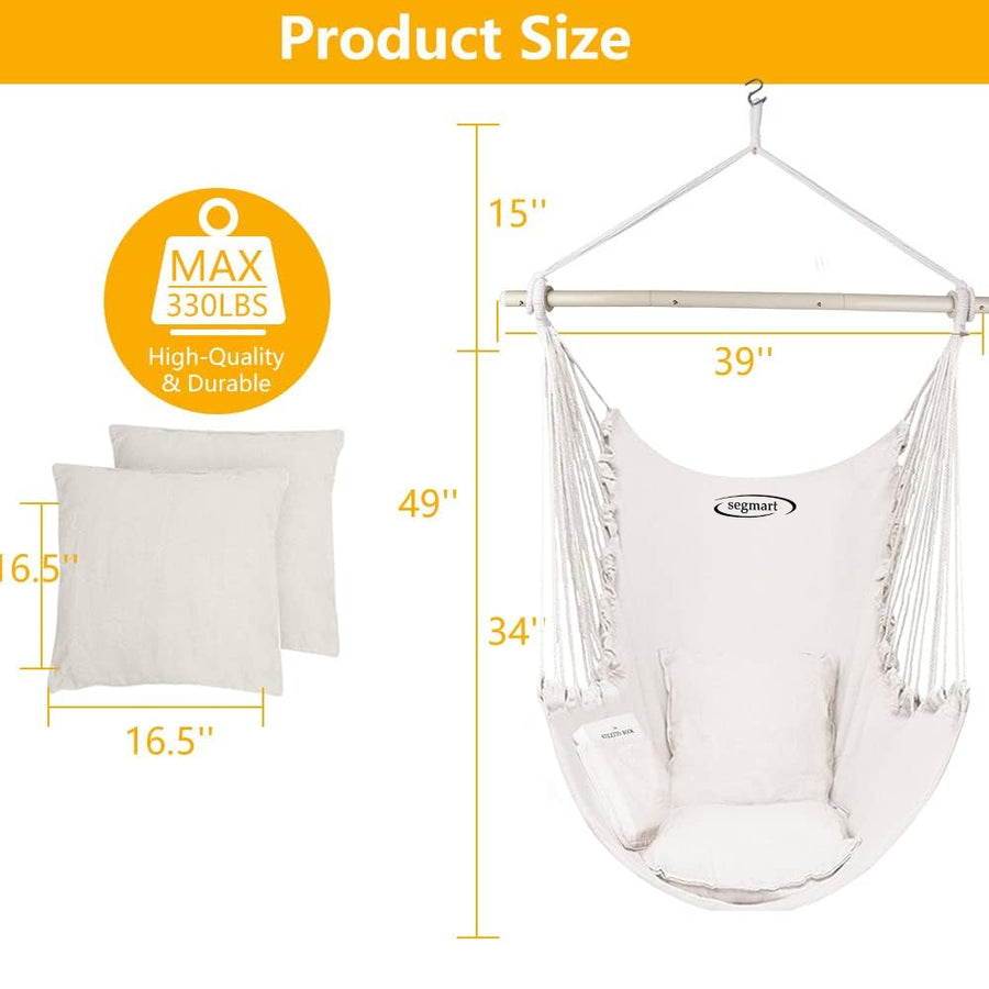 Large Hammock Chair Swing, Relax Hanging Rope Swing Chair with Detachable Metal Support Bar & Two Seat Cushions, Cotton Hammock Chair Swing Seat for Yard Bedroom Patio Porch Indoor Outdoor, B02