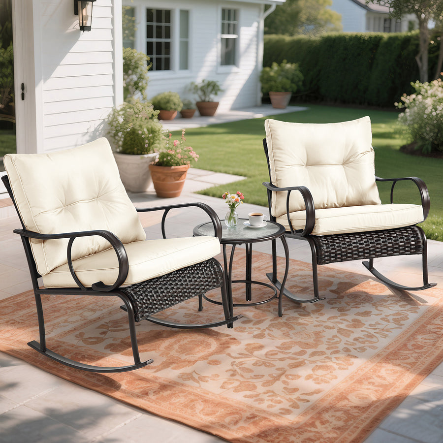 Clearance! 3 Piece Patio Rocking Bistro Set, PE Rattan Rocking Chairs Set of 2 and Glass Side Table, Outdoor Furniture Conversation Set with Cushion for Patio Lawn Garden Cafe Pub