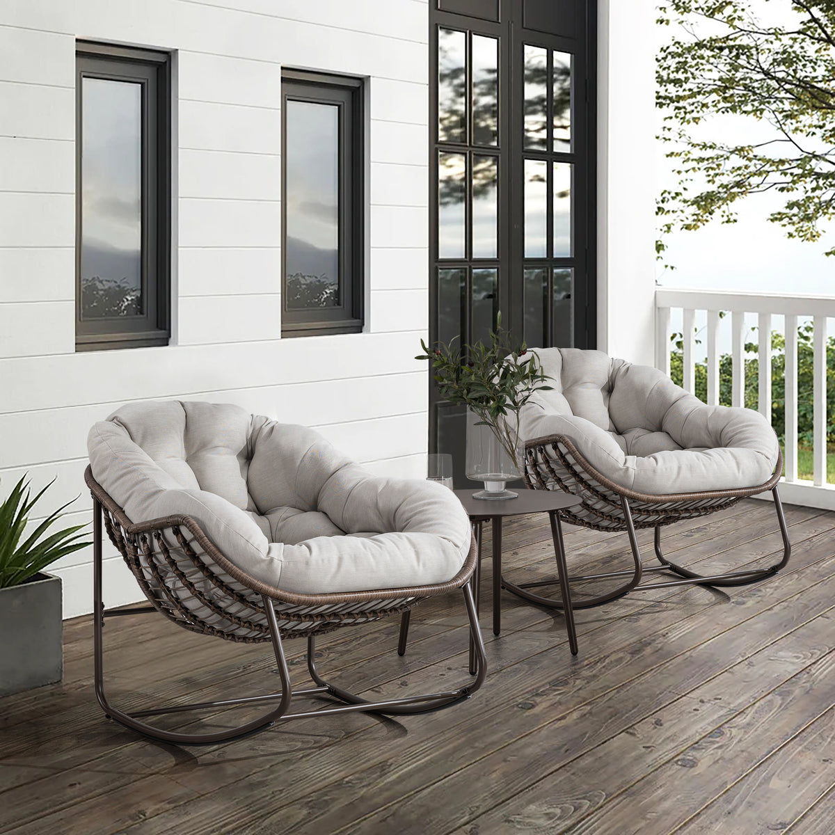SEGMART Outdoor Rattan Rocking Chair, Oversized Papasan Chair with Pad