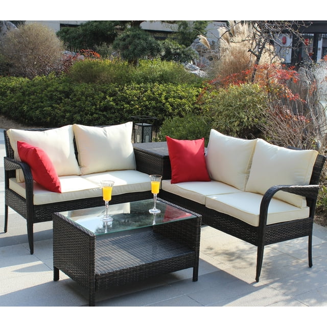 SEGMART 4 Piece Patio Furniture Set, All-Weather Outdoor Sectional Sofa Set, PE Rattan Conversation Set with Storage Box, Table & Cushion, Wicker Furniture Couch Set for Patio Deck Garden Pool Yard