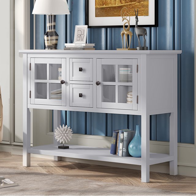 Console Table, 45'' Modern Sofa Table for Entryway, Living Room Tables with 2 Drawers, 2 Cabinets and 1 Shelf, Kitchen Buffet Sideboard Table for Storage Tableware, Narrow Console Table, White, SS605