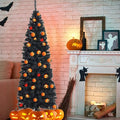 7.5FT Halloween Christmas Tree, Black Artificial Christmas Tree with Foldable Metal Stand, Pencil Xmas Tree for Halloween Holiday Carnival Party Decorations Indoor Outdoor, B6060