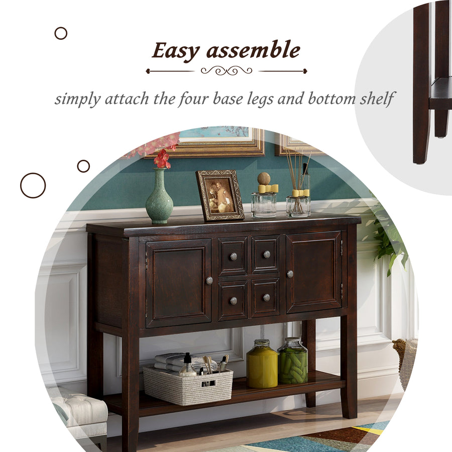 Parsons Console Table with 4 Storage Drawers, 46''x15''x34'' Wood Buffet Sideboard Desk with 2 Cabinets and Bottom Shelf, Retro Tall Console Table Entryway Table Accent Table for Entryway, S5283