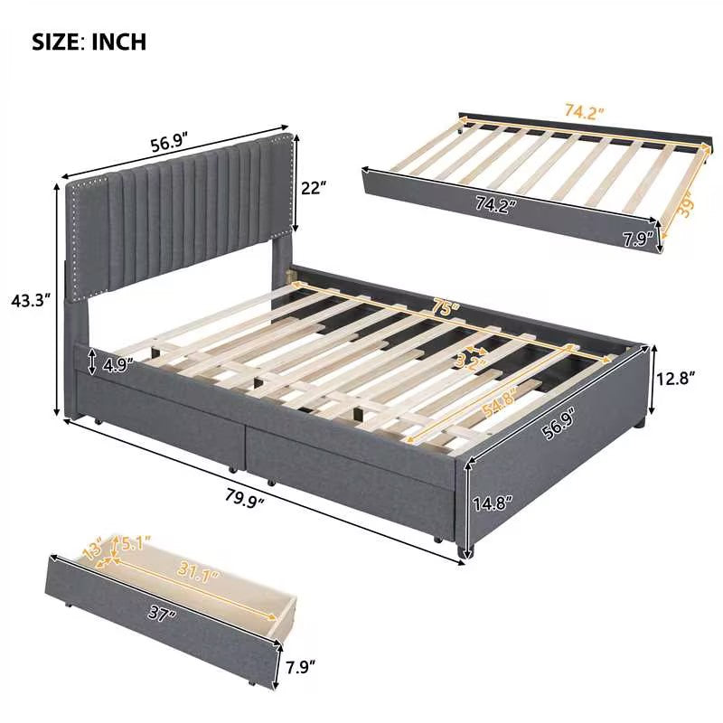 Upholstered Platform Bed with Trundle, Upholstered Bedframe w/2 Storage Drawers for Kids, Teens, Mattress Foundation for Bedroom, Guestroom, Dorm, No Box Spring Required