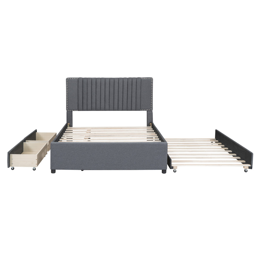 Upholstered Platform Bed with Trundle, Upholstered Bedframe w/2 Storage Drawers for Kids, Teens, Mattress Foundation for Bedroom, Guestroom, Dorm, No Box Spring Required
