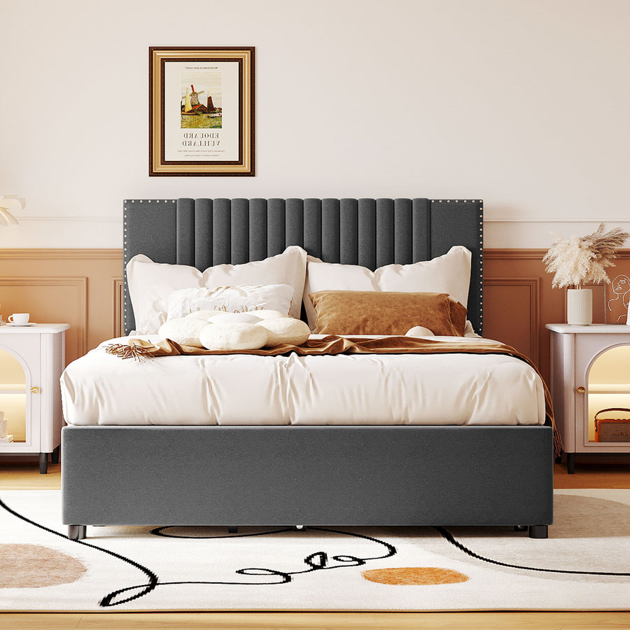 Upholstered Platform Bed with Trundle, Upholstered Bedframe w/2 Storage Drawers for Kids, Teens, Mattress Foundation for Bedroom, Guestroom, Dorm, No Box Spring Required