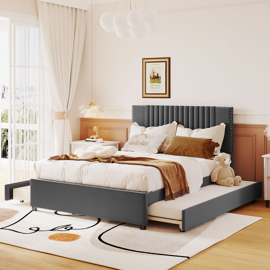 Upholstered Platform Bed with Trundle, Upholstered Bedframe w/2 Storage Drawers for Kids, Teens, Mattress Foundation for Bedroom, Guestroom, Dorm, No Box Spring Required
