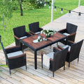 Wicker Patio Dining Set, 7PCS Outdoor Rattan Table & Chairs Set with Wooden Top & Padded Cushions, Deck Furniture Dining Table Set, Garden Porch Backyard Poolside Sectional Conversation Set, B1600