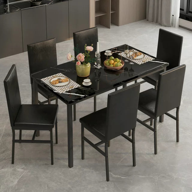 Dining Table with 6 High-back Upholstered Chairs, Modern Dinette Set, Dining Table and Chairs Set for 6 Persons, Small Home Kitchen Dining Table Set, Ideal for Apartment Breakfast Nook Bar, B1464