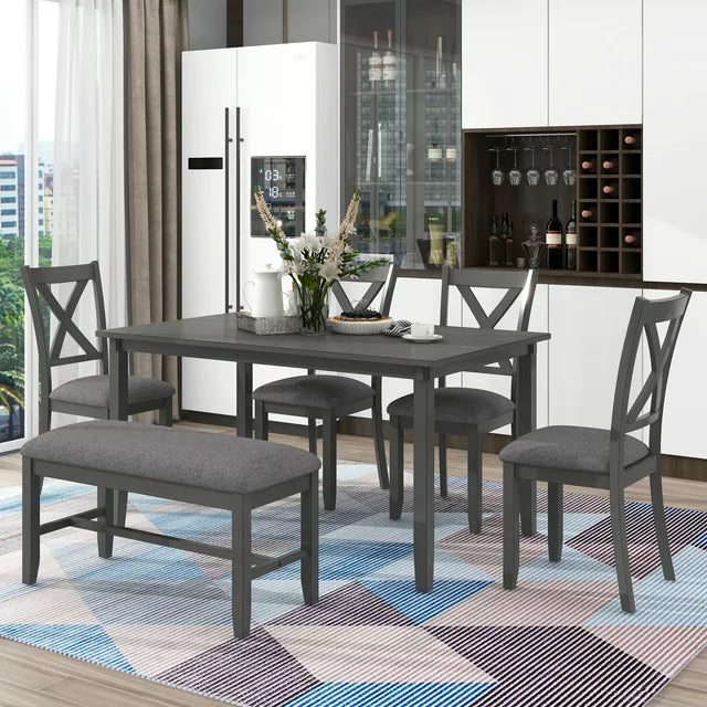 6 Piece Dining Table Set, Modern Home Dining Set with Table, Bench & 4 Cushioned Chairs, Wood Rectangular Table and Chair Set, Oak Finish Kitchen Table Set for Dining Room, B26