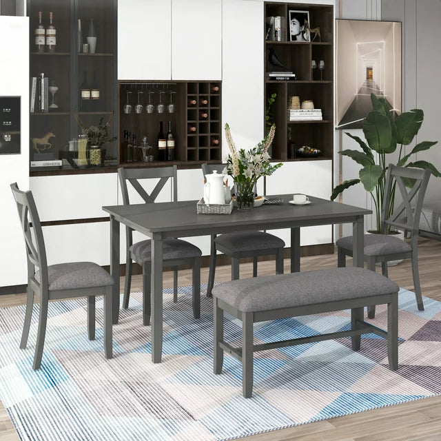 6 Piece Dining Table Set, Modern Home Dining Set with Table, Bench & 4 Cushioned Chairs, Wood Rectangular Table and Chair Set, Oak Finish Kitchen Table Set for Dining Room, B26